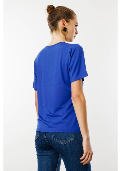 Kadın V Yaka Kısa Kollu Penye T-Shirt Saks fırsatları
