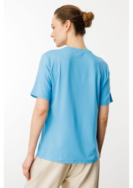 Kadın Sıfır Yaka Basic Penye T-Shirt Mavi indirimleri