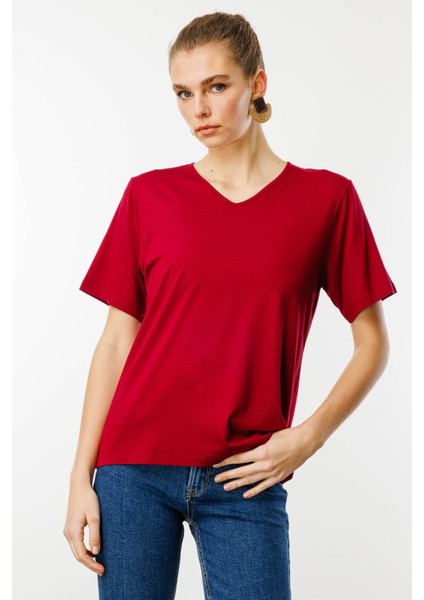 Kadın V Yaka Kısa Kollu Penye T-Shirt Bordo