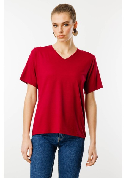 Kadın V Yaka Kısa Kollu Penye T-Shirt Bordo fiyatları