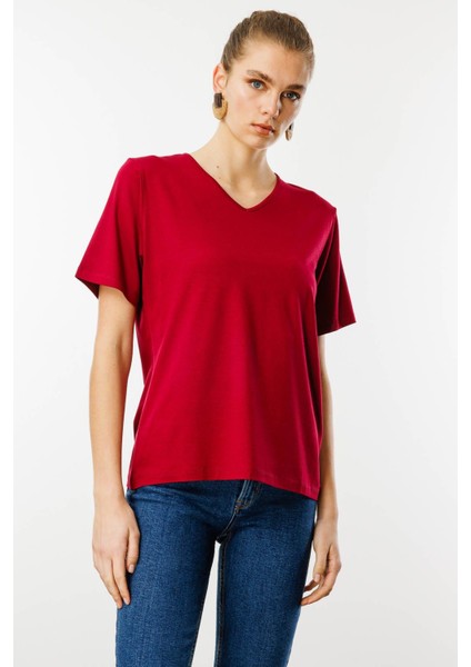 Kadın V Yaka Kısa Kollu Penye T-Shirt Bordo modelleri