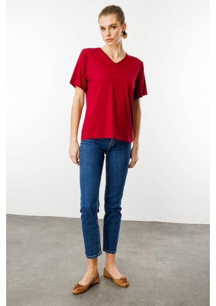 Kadın V Yaka Kısa Kollu Penye T-Shirt Bordo indirimleri