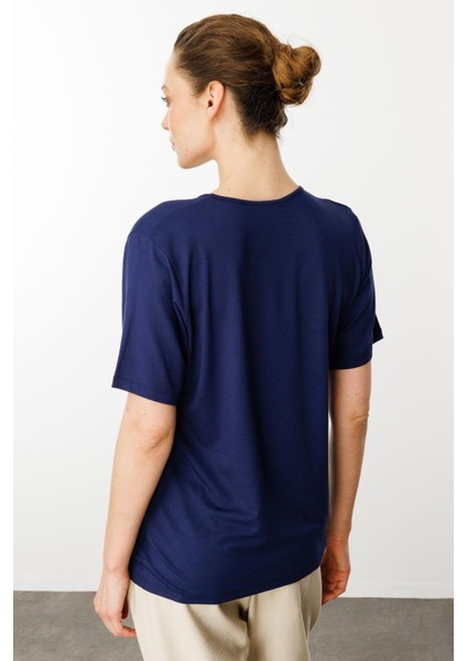 Kadın V Yaka Kısa Kollu Penye T-Shirt Lacivert modelleri
