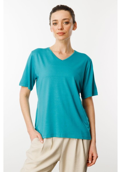 Kadın V Yaka Kısa Kollu Penye T-Shirt Yeşil