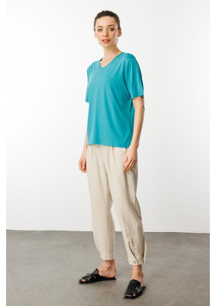 Kadın V Yaka Kısa Kollu Penye T-Shirt Yeşil fiyatları