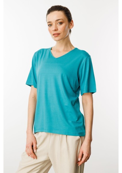 Kadın V Yaka Kısa Kollu Penye T-Shirt Yeşil modelleri