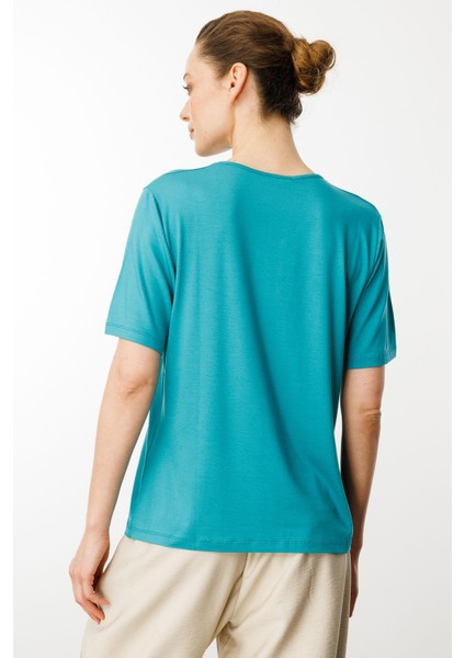 Kadın V Yaka Kısa Kollu Penye T-Shirt Yeşil fırsatları