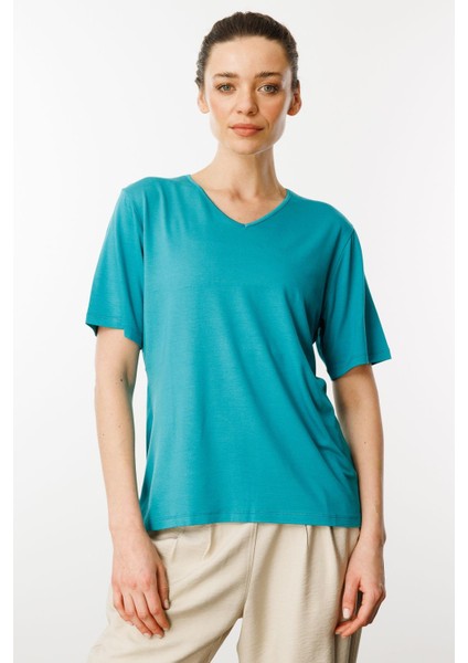 Kadın V Yaka Kısa Kollu Penye T-Shirt Yeşil indirimleri
