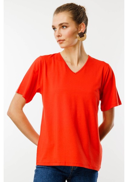 Kadın V Yaka Kısa Kollu Penye T-Shirt Oranj