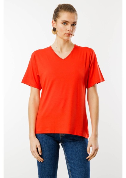 Kadın V Yaka Kısa Kollu Penye T-Shirt Oranj modelleri