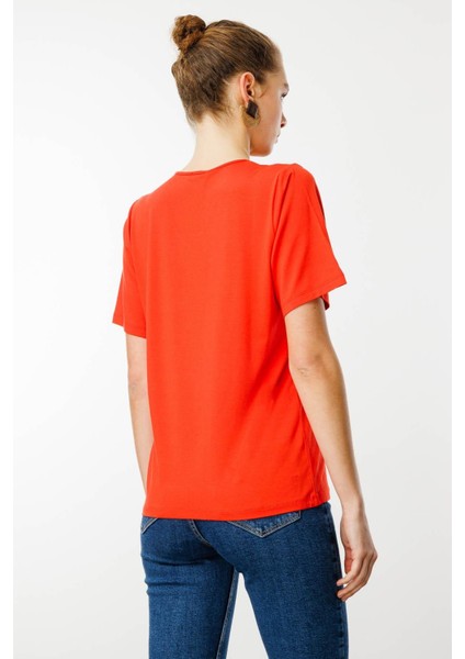 Kadın V Yaka Kısa Kollu Penye T-Shirt Oranj fırsatları