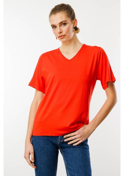 Kadın V Yaka Kısa Kollu Penye T-Shirt Oranj indirimleri