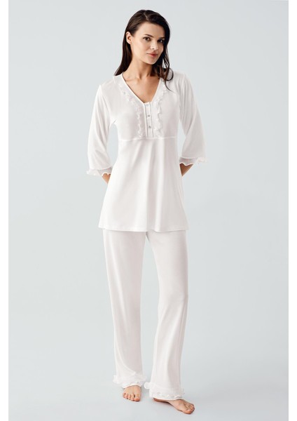 Truvakar Kollu Dantelli Düğmeli Esnek Viskoz Pijama Takım