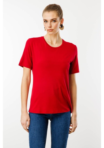 Kadın Sıfır Yaka Basic Penye T-Shirt Kırmızı