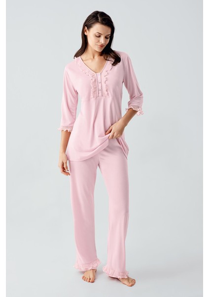Truvakar Kollu Dantelli Düğmeli Esnek Viskoz Pijama Takım
