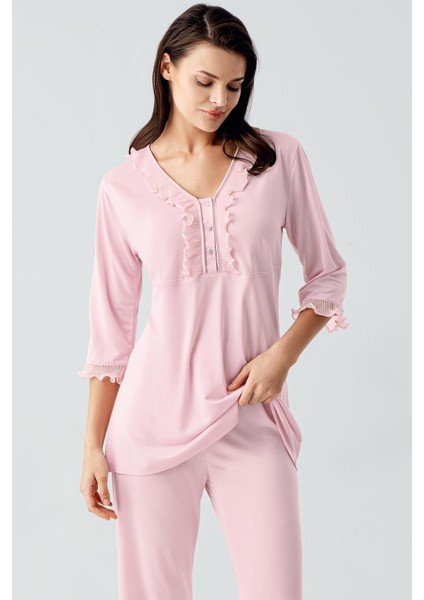 Truvakar Kollu Dantelli Düğmeli Esnek Viskoz Pijama Takım fiyatları