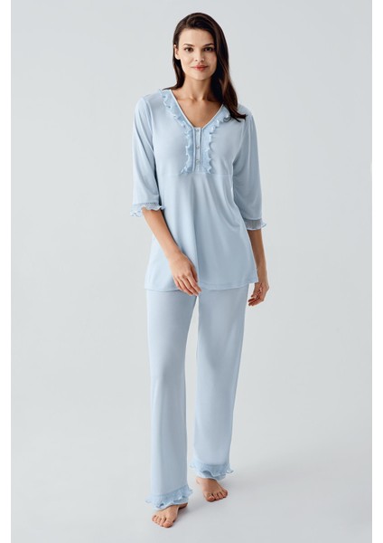 Truvakar Kollu Dantelli Düğmeli Esnek Viskoz Pijama Takım