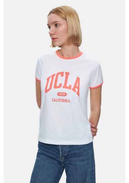 Savannah Beyaz Bisiklet Yaka Baskılı Standard Fit Kadın Tshirt
