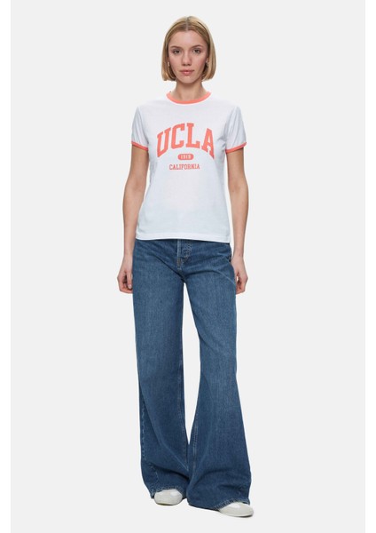 Savannah Beyaz Bisiklet Yaka Baskılı Standard Fit Kadın Tshirt modelleri