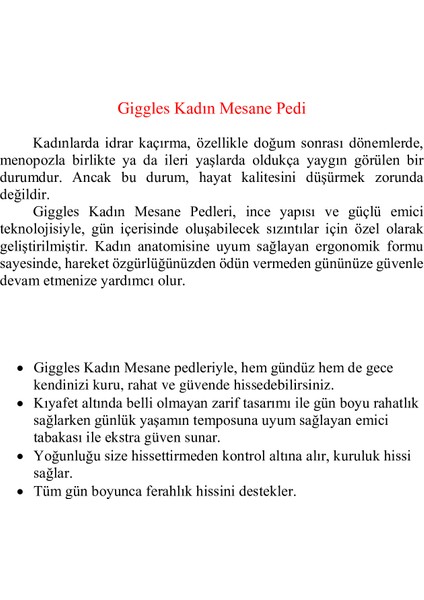 Kadın Mesane Pedi Large(Yoğun) 30 Adet