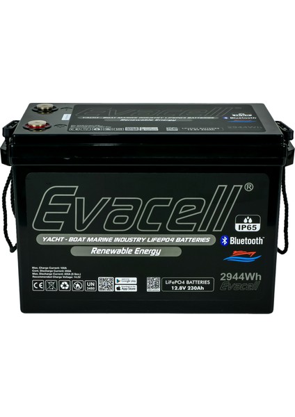 12.8V (12 Volt) 230 Ah Amper LiFePO4 Lityum Demir Fosfat 2944 Wh Akü Bluetooth IP65 Marin Karavan Akü
