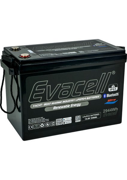 12.8V (12 Volt) 230 Ah Amper LiFePO4 Lityum Demir Fosfat 2944 Wh Akü Bluetooth IP65 Marin Karavan Akü