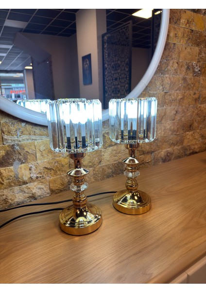 Modern Gold Metal Silindir Kristal Abajur ( 2 Adet )