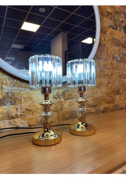 Modern Gold Metal Silindir Kristal Abajur ( 2 Adet )