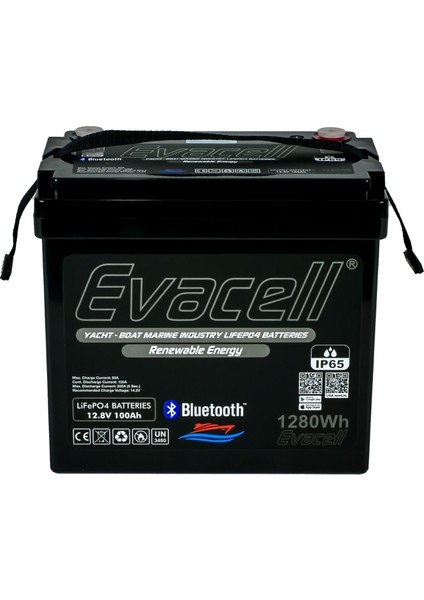 12.8V (12 Volt) 100 Ah Amper LiFePO4 Lityum Demir Fosfat 1280 Wh Akü Bluetooth IP65 Marin Karavan Akü