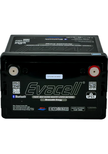 12.8V (12 Volt) 100 Ah Amper LiFePO4 Lityum Demir Fosfat 1280 Wh Akü Bluetooth IP65 Marin Karavan Akü