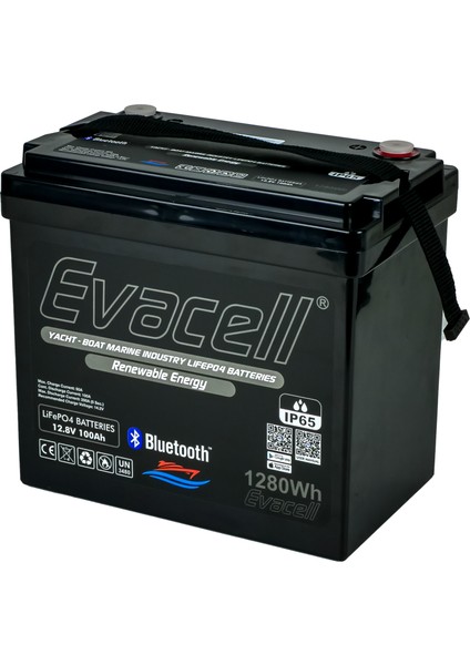 12.8V (12 Volt) 100 Ah Amper LiFePO4 Lityum Demir Fosfat 1280 Wh Akü Bluetooth IP65 Marin Karavan Akü