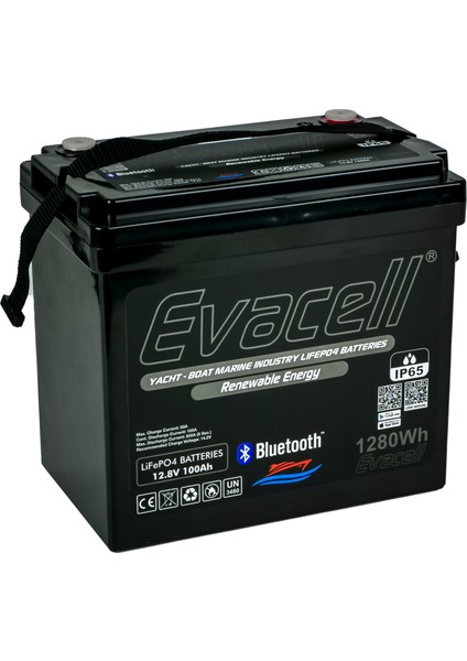 12.8V (12 Volt) 100 Ah Amper LiFePO4 Lityum Demir Fosfat 1280 Wh Akü Bluetooth IP65 Marin Karavan Akü