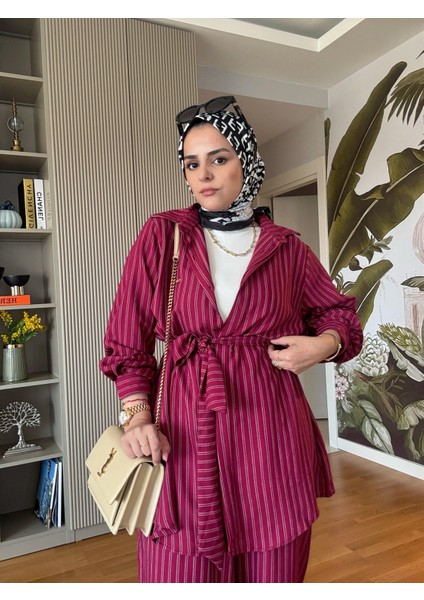 Çizgili Kuşaklı Pamuklu Gömlek Takım Beyaz