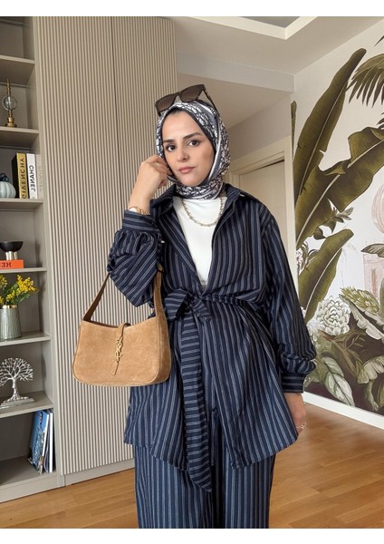 Çizgili Kuşaklı Pamuklu Gömlek Takım Beyaz