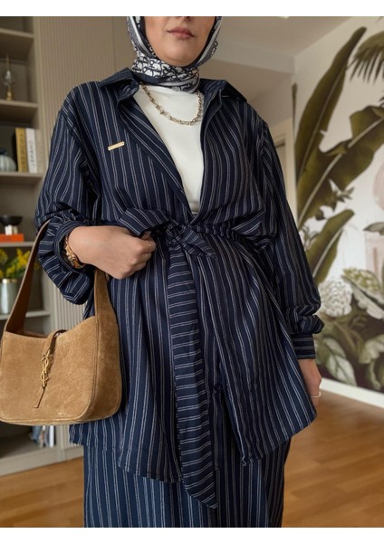 Çizgili Kuşaklı Pamuklu Gömlek Takım Beyaz modelleri