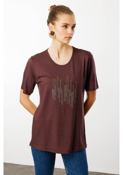 Kadın Sıfır Yaka Taş Baskılı Penye T-Shirt Kahve modelleri