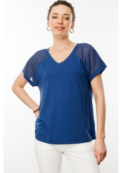 Kadın V Yaka Omuzları Taş Baskılı Penye T-Shirt Lacivert