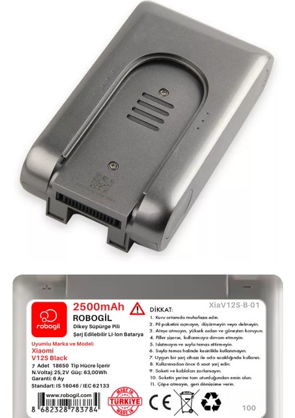 Xiaomi V12S Black Handheld Cordless Vacuum 2500MAH Uyumlu Pil Paketi / Bataryası XIAV12S-B-01