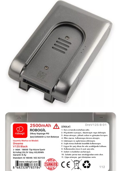 Dreame V12S Black Handheld Cordless Vacuum 2500MAH Uyumlu Pil Paketi / Bataryası DREV12S-B-01