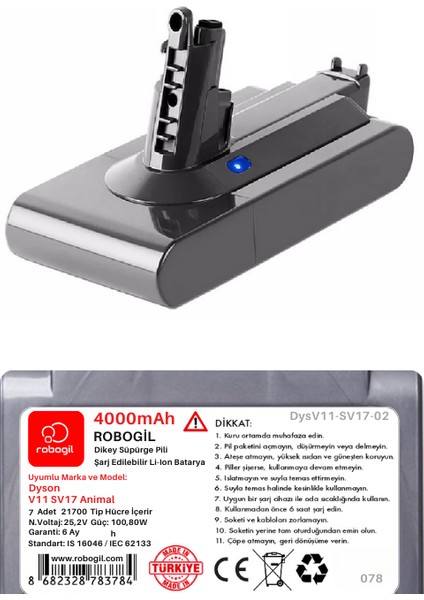 Dyson V11 SV17 Animal 4000MAH Uyumlu Pil Paketi / Bataryası DYSV11-SV17-02