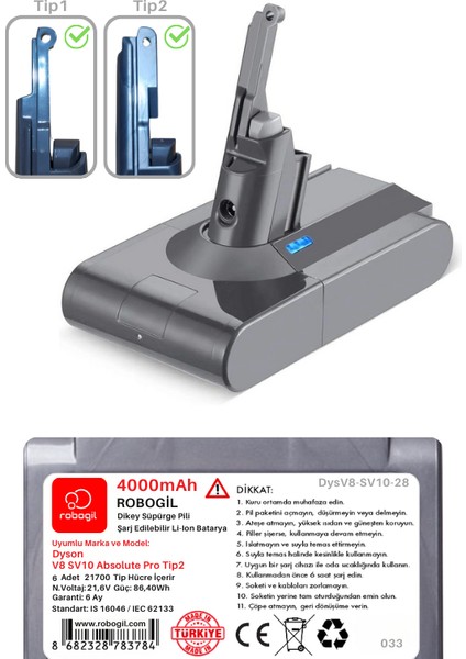 Dyson V8 SV10 Absolute Pro TIP2 4000MAH Uyumlu Pil Paketi / Bataryası DYSV8-SV10-28