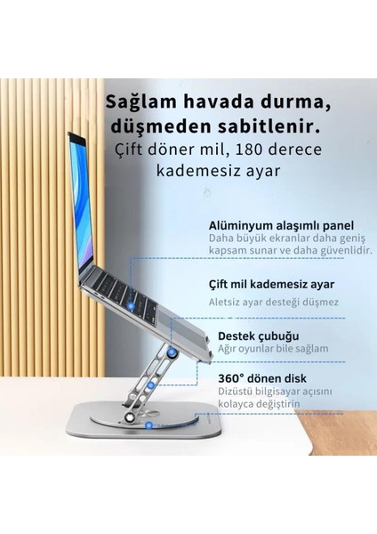 Yükseklik Ayarlı 360 Döner Alüminyum Laptop Standı Laptop Sehpası Açı Yükseklik Ayarlı Kaymaz Padli