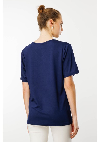 Kadın V Yaka Yakası Taşlı Penye T-Shirt Lacivert modelleri