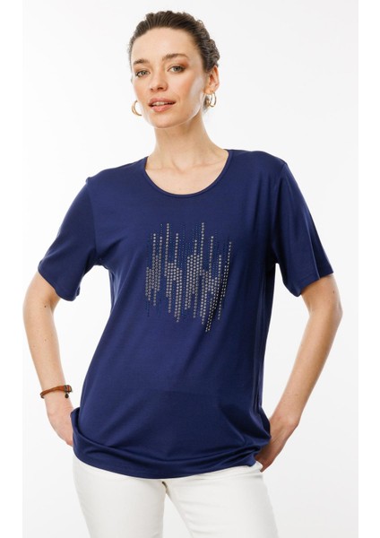 Kadın Sıfır Yaka Taş Baskılı Penye T-Shirt Lacivert