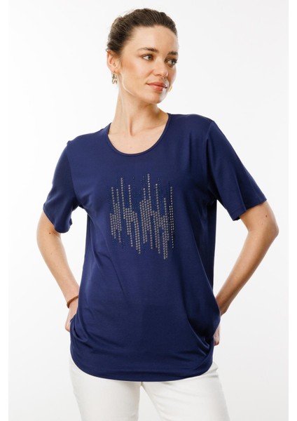 Kadın Sıfır Yaka Taş Baskılı Penye T-Shirt Lacivert fiyatları