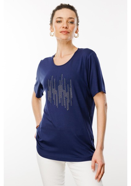 Kadın Sıfır Yaka Taş Baskılı Penye T-Shirt Lacivert fırsatları