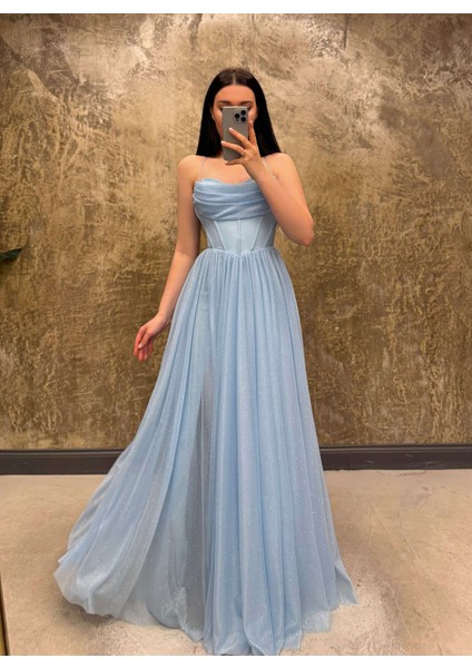 Hadley Göğüs Drapeli Korseli Ayarlanabilir Ip Bağlamalı Simli Uzun Elbise Bebe Mavi