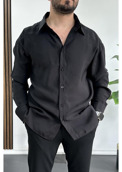 Erkek Salaş Modal Kumaş Gömlek Siyah EDW267