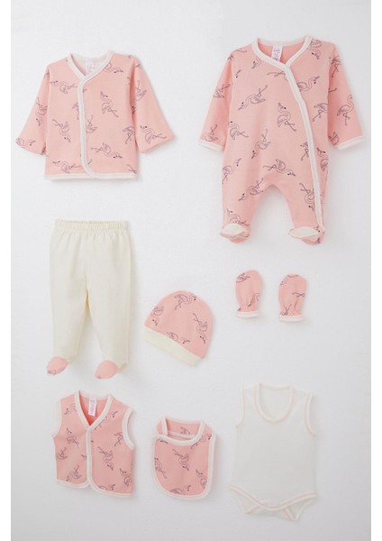 Kız Bebek Hastane Çıkışı 8 Li Unıcorn Flamingo Desenli 0-3 Ay, Somon