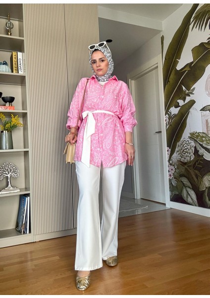 Bahar Pamuklu Gömlek Desenli Krep Pantolon Takım Pembe